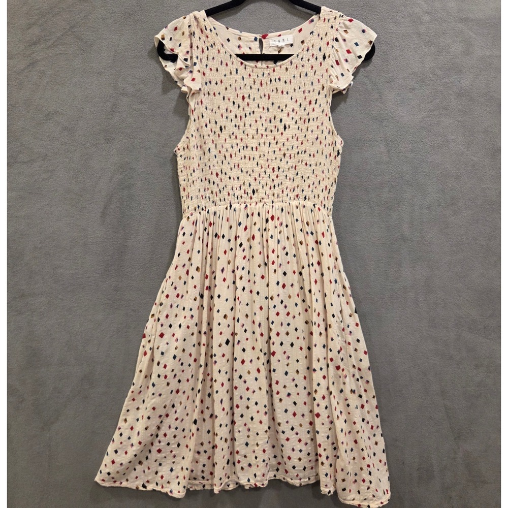 THML Fit & Flare Geometric Smocked Dress Women's Medium Boho Ruffle Cottage
